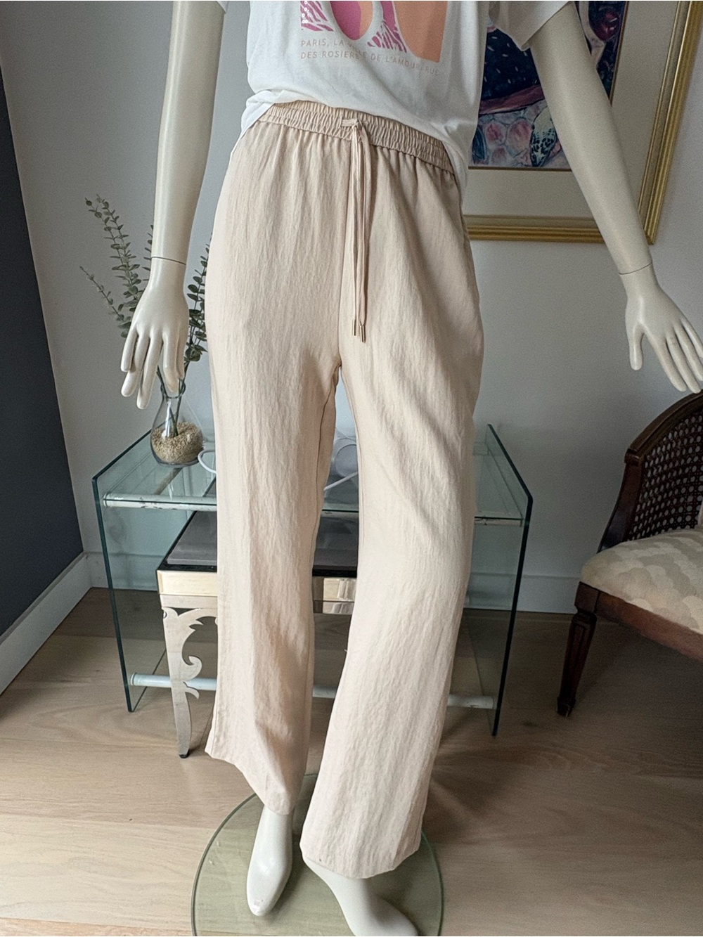 ESQUALO Neutral Drawstring Wide Leg Pants in Light Beige